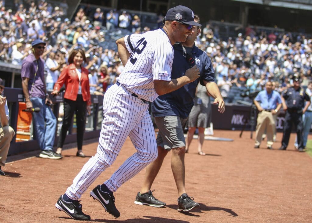 Jun 23, 2019; Bronx, NY, USA; Former New York Yankees pitcher Mariano Rivera (42) at the 2019 Yankees Old Timers' Day at Yankee Stadium.