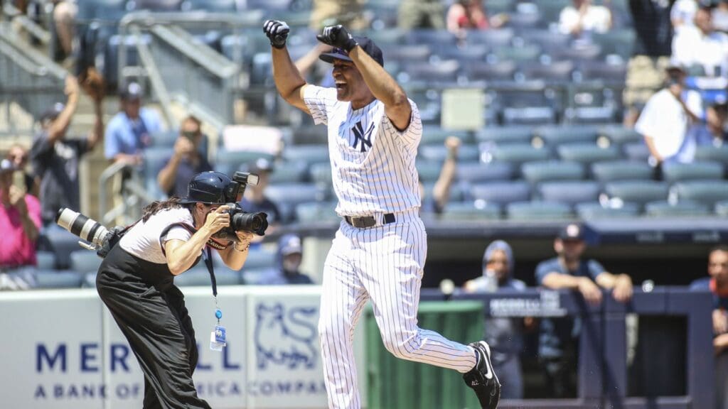 Jun 23, 2019; Bronx, NY, USA; Former New York Yankees pitcher Mariano Rivera (42) hits an inside the park home run at the 2019 Yankees Old Timers' Day Game at Yankee Stadium.