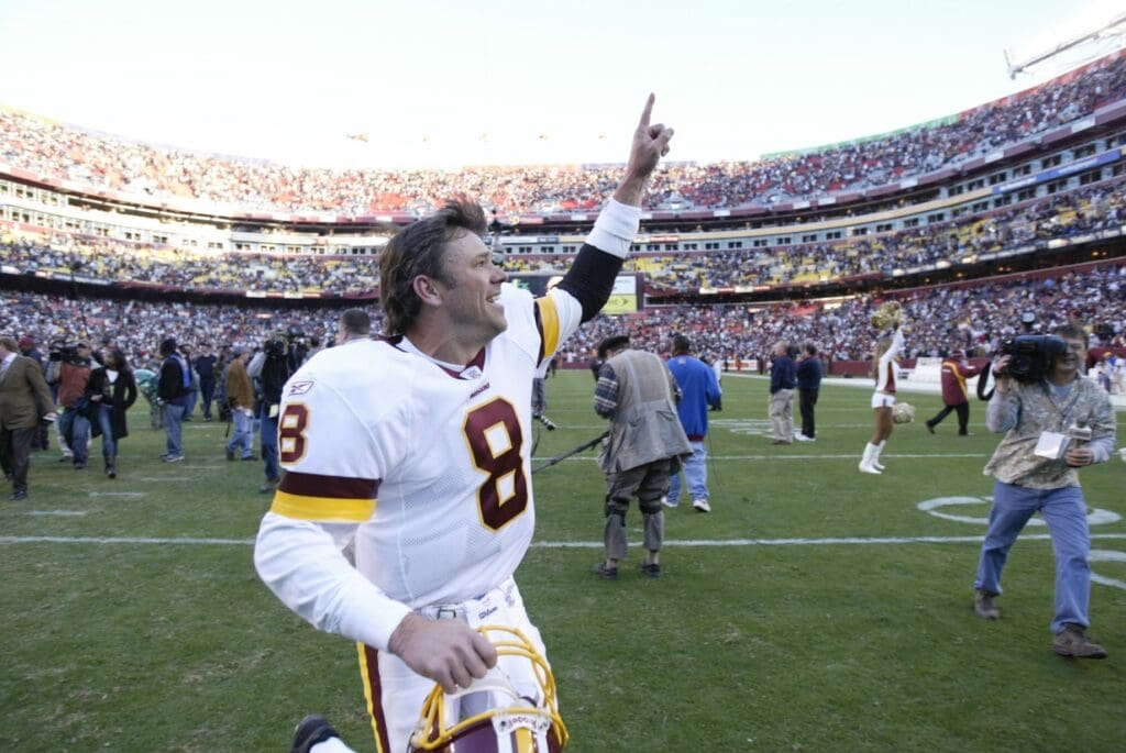 Nov 5, 2006; Landover, MD, USA; Washington Redskins quarterback (8) Mark Brunell reacts after the Washington Redskins defeated the Dallas Cowboys 22-19 at FedEx Field in Landover, MD.