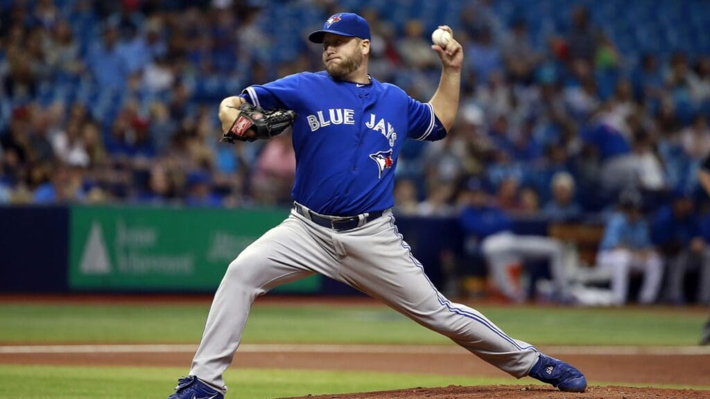 Oct 4, 2015; St. Petersburg, FL, USA; Toronto Blue Jays starting pitcher Mark Buehrle (56) throws a pitch during the first inning against the Tampa Bay Rays during the first inning at Tropicana Field.
