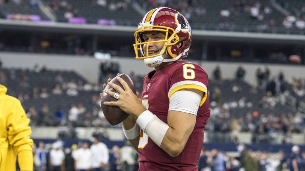 Nov 22, 2018; Arlington, TX, USA; Washington Redskins quarterback Mark Sanchez (6) warms up before the game against the Dallas Cowboys at AT&T Stadium.