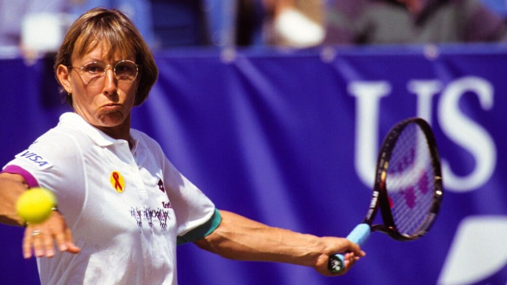Aug 1, 1993; New York City, New York, USA: FILE PHOTO; Martina Navratilova (USA) hits a forehand groundstroke during the 1993 US Open at the USTA National Tennis Center.