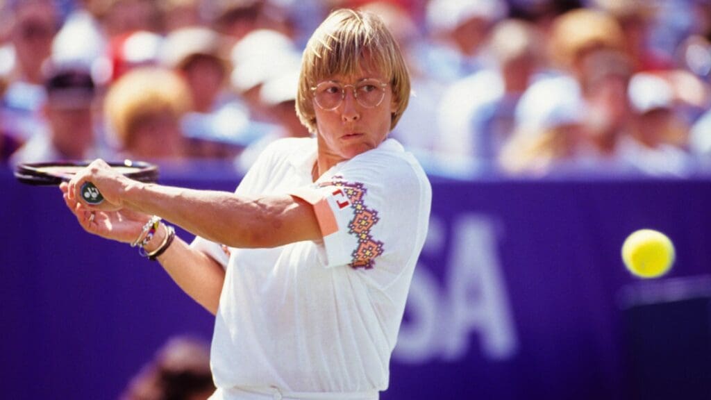 Aug 1, 1993; New York City, New York, USA: FILE PHOTO; Martina Navratilova (USA) hits a backhand slice during the 1993 US Open at the USTA National Tennis Center