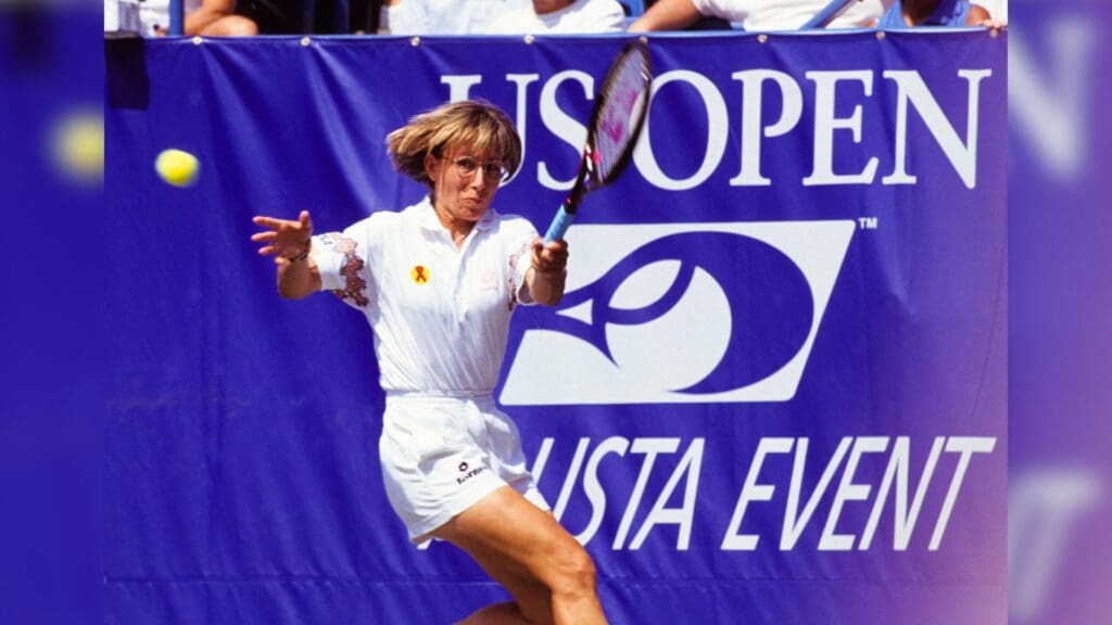 Aug 1, 1993; New York City, New York, USA: FILE PHOTO; Martina Navratilova (USA) hits a forehand groundstroke during the 1993 US Open at the USTA National Tennis Center