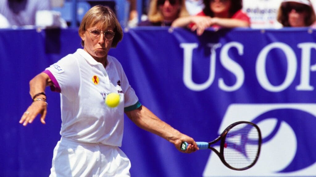Aug 1, 1993; New York City, New York, USA: FILE PHOTO; Martina Navratilova (USA) looks to hit a forehand groundstroke during the 1993 US Open at the USTA National Tennis Center.