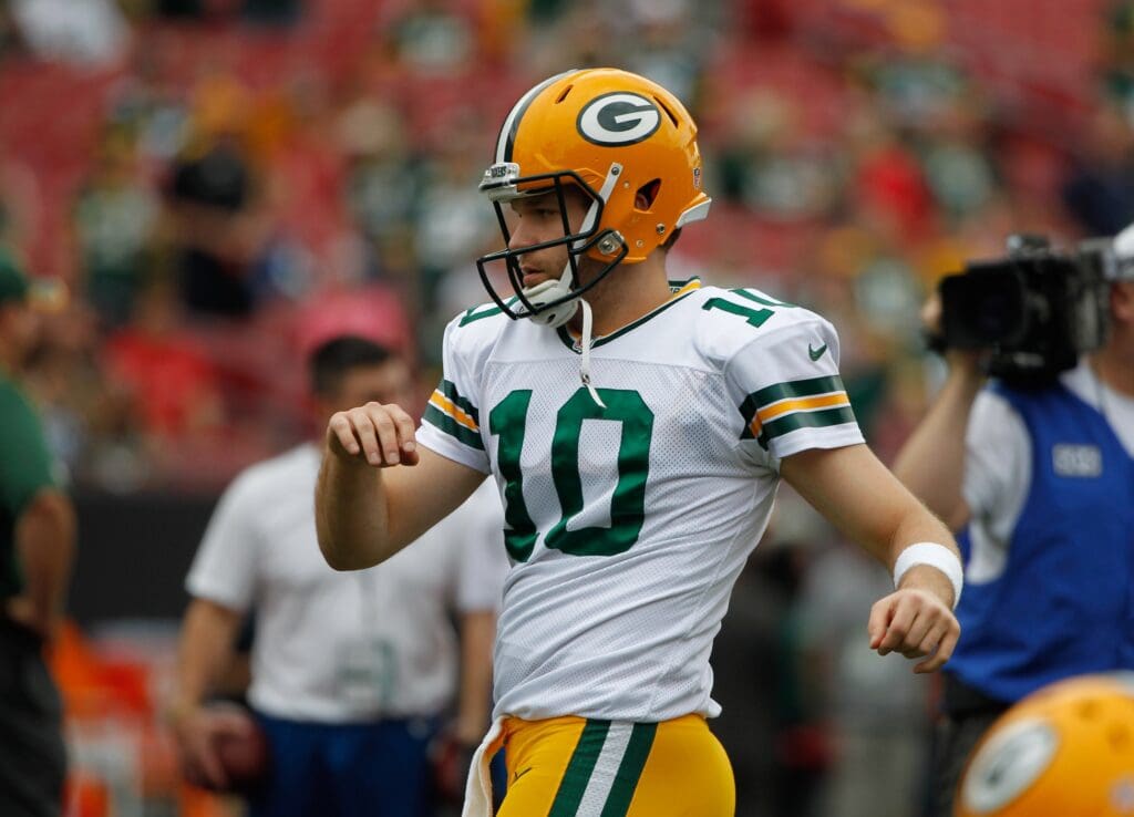 Dec 21, 2014; Tampa, FL, USA; Green Bay Packers quarterback Matt Flynn (10) works out prior to the game against against the Tampa Bay Buccaneers the Tampa Bay Buccaneers at Raymond James Stadium.