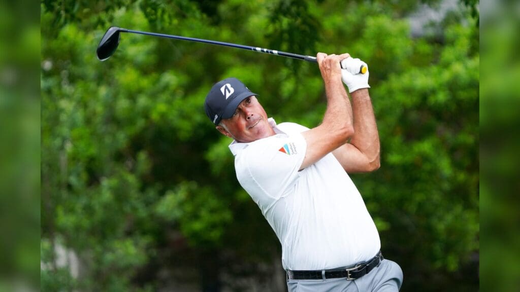 May 1, 2025; McKinney, Texas, USA; Matt Kuchar plays his shot from the sixth tee during the first round of the THE CJ CUP Byron Nelson golf tournament.