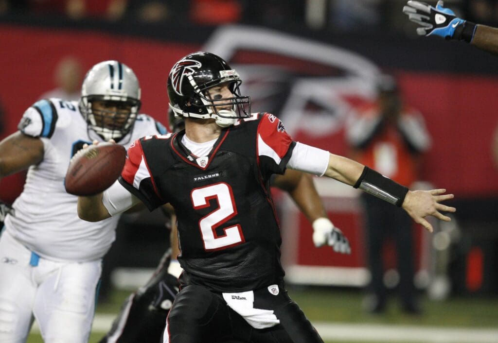 November 23, 2008; Atlanta, GA USA; Atlanta Falcons quarterback Matt Ryan (2) throws a pass against the Carolina Panthers in the second half at the Georgia Dome. The Falcons defeated the Panthers 45-28.