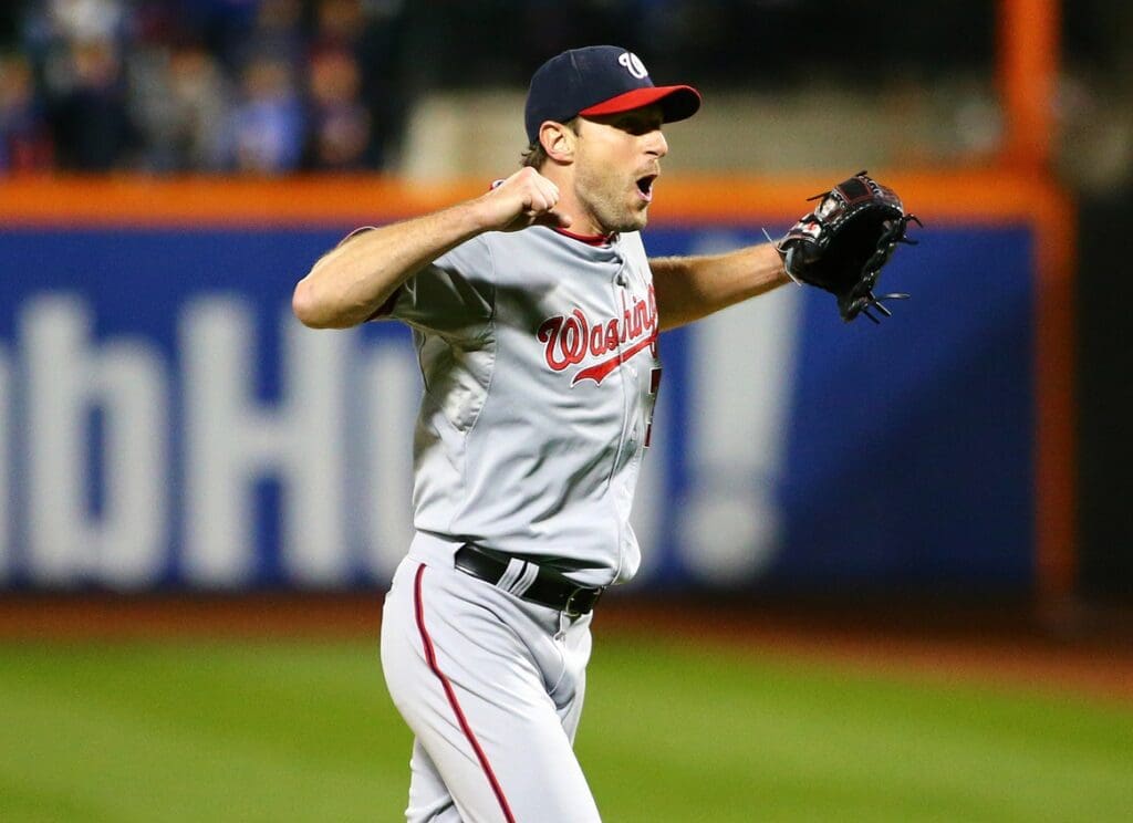 Oct 3, 2015; New York City, NY, USA; Washington Nationals pitcher Max Scherzer (31) reacts after pitching a no hitter against the New York Mets during game two at Citi Field.