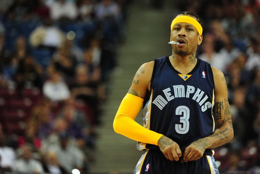 Memphis Grizzlies guard Allen Iverson (3) adjusts his shorts during the first quarter against the Sacramento Kings at Arco Arena. The Kings defeated the Grizzlies 127-116 in overtime.
