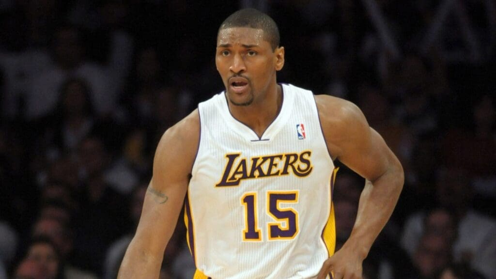 Apr 1, 2012; Los Angeles, CA, USA; Los Angeles Lakers forward Metta World Peace (25) dribbles the ball against the Golden State Warriors at the Staples Center. The Lakers defeated the Warriors 112-120. Mandatory Credit: Kirby Lee/Image of Sport-Imagn Images