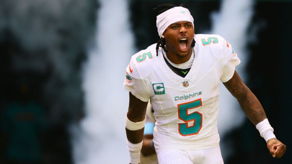 Sep 8, 2024; Miami Gardens, Florida, USA; Miami Dolphins cornerback Jalen Ramsey (5) runs onto the field before the game against the Jacksonville Jaguars at Hard Rock Stadium.