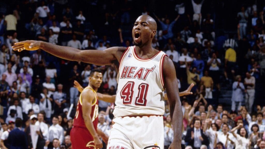 Miami Heat guard (41) Glen Rice reacts after hitting a 3 point jump shot during the 1995 season against the Atlanta Hawks at the Miami Arena.