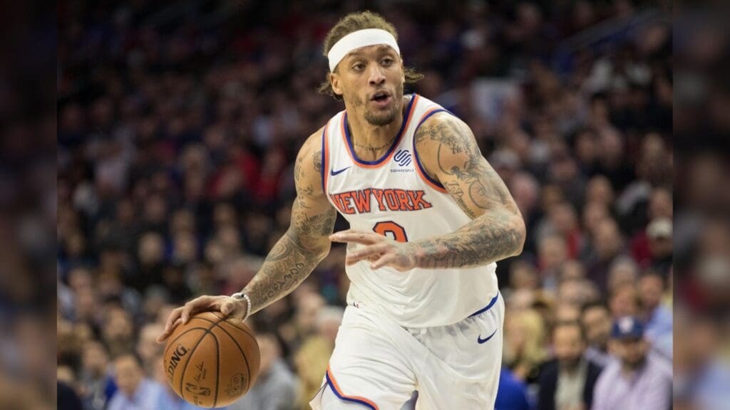 Feb 12, 2018; Philadelphia, PA, USA; New York Knicks forward Michael Beasley (8) dribbles against the Philadelphia 76ers during the third quarter at Wells Fargo Center.