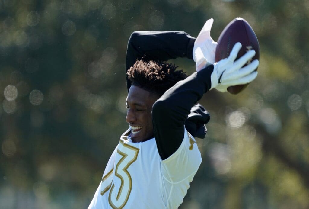 Jan 25, 2020; Kissimmee, Florida, USA; New Orleans Saints receiver Michael Thomas (13) catches a pass during NFC Practice at ESPN Wide World of Sports.