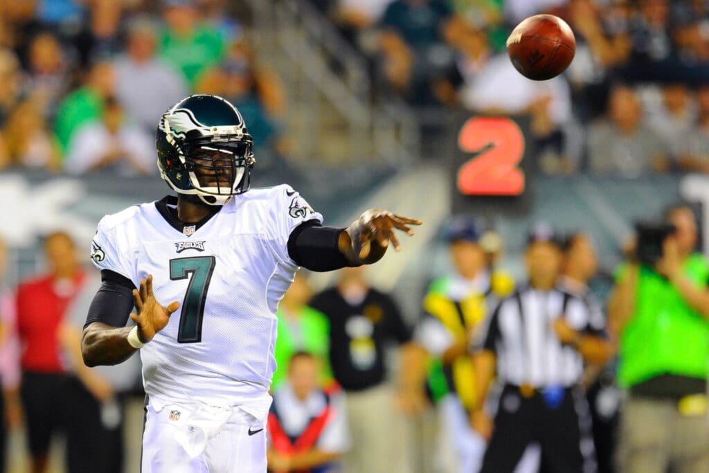 August 9, 2012; Philadelphia, PA, USA; Philadelphia Eagles quarterback Michael Vick (7) throws a pass against the Pittsburgh Steelers during the second quarter at Lincoln Financial Field.