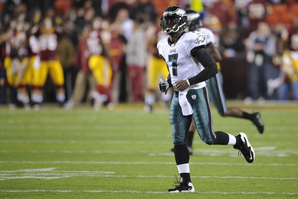 Nov 15, 2010; Landover, MD, USA; Philadelphia Eagles quarterback Michael Vick (7) runs out on the field before a game against the Washington Redskins at FedEx Field.
