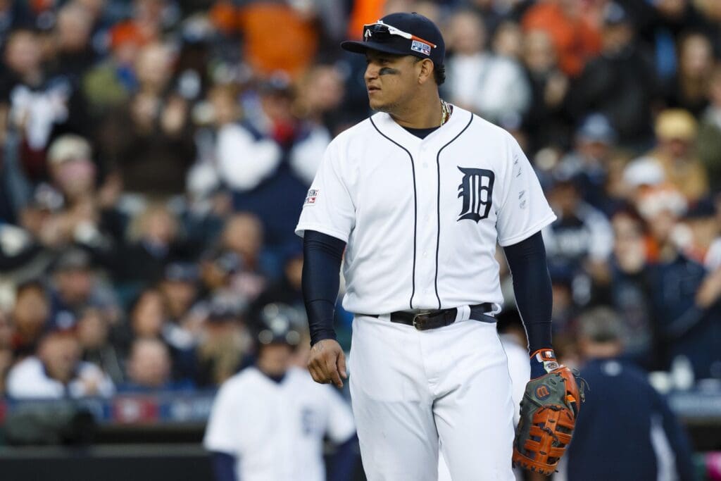 Oct 5, 2014; Detroit, MI, USA; Detroit Tigers first baseman Miguel Cabrera (24) in the field against the Baltimore Orioles during game three of the 2014 ALDS baseball playoff game at Comerica Park.