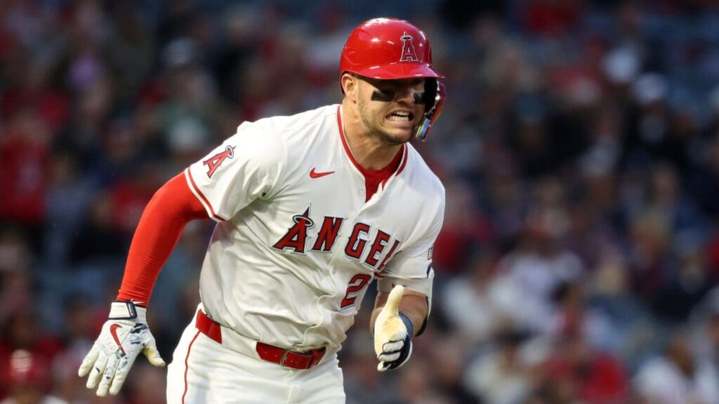 Apr 24, 2025; Anaheim, California, USA; Los Angeles Angels right fielder Mike Trout (27) runs around bases on a triple during the fourth inning against the Pittsburgh Pirates at Angel Stadium.