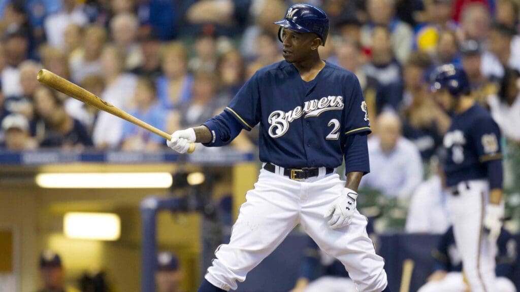 May 29, 2011; Milwaukee, WI, USA; Milwaukee Brewers right fielder Nyjer Morgan (2) bats during the game against the San Francisco Giants at Miller Park. The Brewers defeated the Giants 6-0.