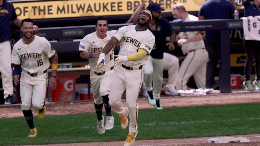 Milwaukee Brewers second baseman Andruw Monasterio (14) celebrates his game winning RBI during the tenth inning of their game against the Texas Rangers Wednesday, June 26, 2024 at American Family Field in Milwaukee, Wisconsin.