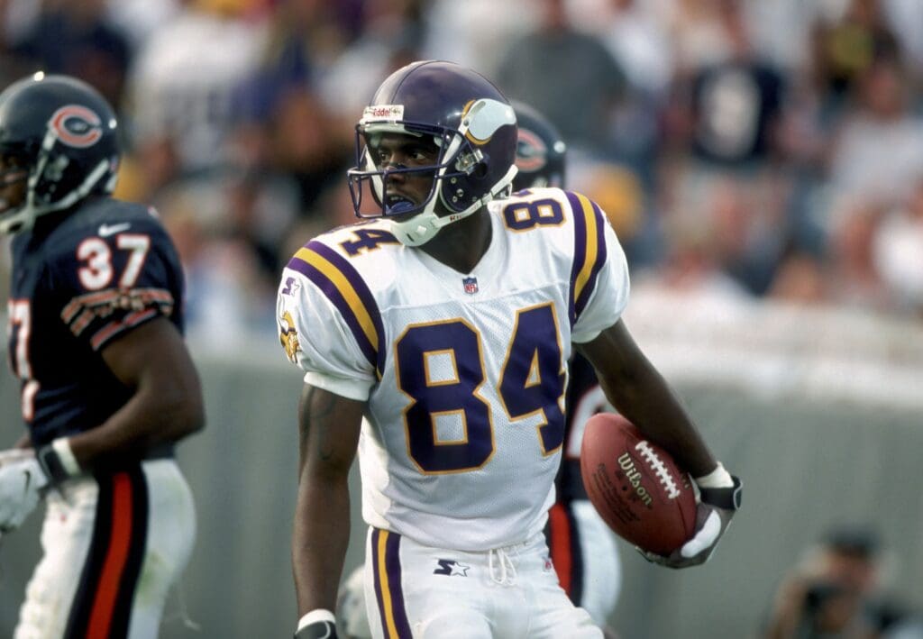 Sep 27, 1998; Chicago, IL, USA; FILE PHOTO; Minnesota Vikings (84) Randy Moss in action against the Chicago Bears at Soldier Field.