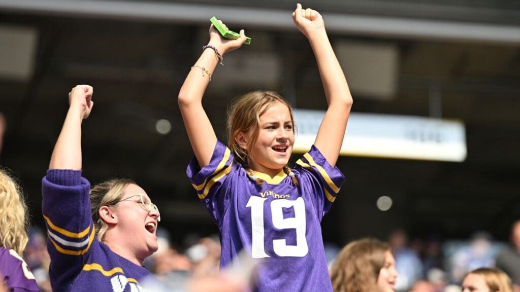 Sep 22, 2024; Minneapolis, Minnesota, USA; Minnesota Vikings fans react during the third quarter against the Houston Texans at U.S. Bank Stadium