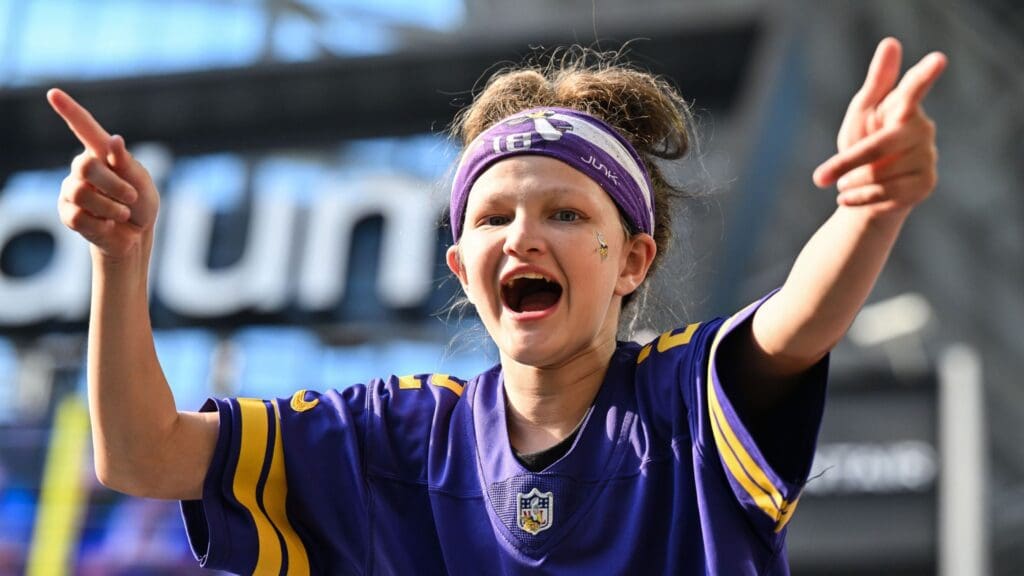 Oct 20, 2024; Minneapolis, Minnesota, USA; Minnesota Vikings fans react late during the fourth quarter against the Detroit Lions at U.S. Bank Stadium.