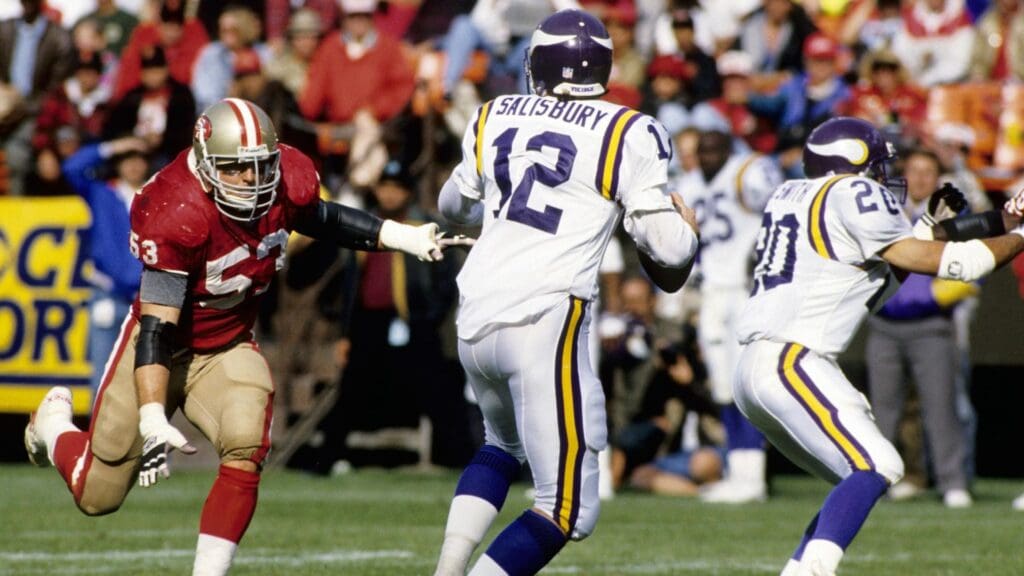 Oct 3, 1993; San Francisco, CA, USA; San Francisco 49ers linebacker Bill Romanowski (53) pressures Minnesota Vikings quarterback Sean Salisbury (12) at Candlestick Park. FILE PHOTO;