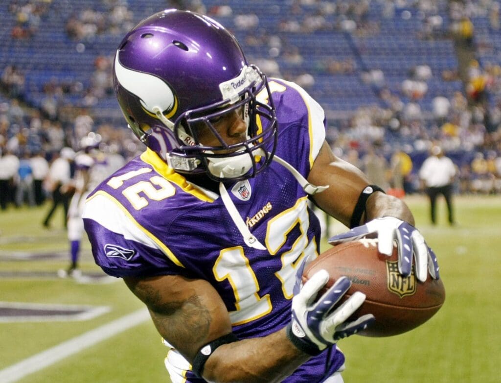 Sep 4, 2009; Minneapolis, MN, USA; Minnesota Vikings wide receiver Percy Harvin (12) catches a ball in practice before the game against the Dallas Cowboys at the Metrodome. The Cowboys won 35-31.