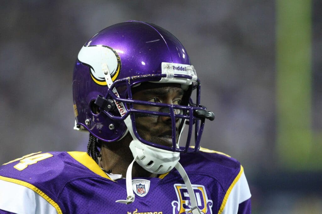 Oct 17, 2010; Minneapolis, MN, USA; Minnesota Vikings wide receiver Randy Moss (84) on the sidelines during the first quarter against the Dallas Cowboys at the Metrodome. The Vikings defeated the Cowboys 24-21.