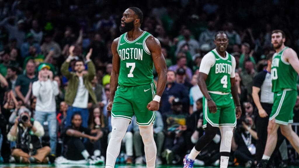 May 7, 2025; Boston, Massachusetts, USA; Boston Celtics guard Jaylen Brown (7) react after a play against the New York Knicks in the second quarter during game two of the second round for the 2025 NBA Playoffs at TD Garden