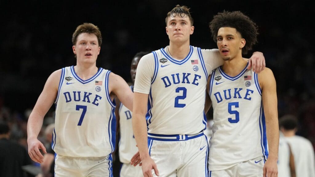 Apr 5, 2025; San Antonio, TX, USA; Duke Blue Devils forward Cooper Flagg (2) and Duke Blue Devils guard Tyrese Proctor (5) react against the Houston Cougars in the semifinals of the men's Final Four of the 2025 NCAA Tournament at the Alamodome