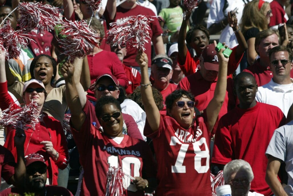 Oct 7, 2006; Auburn, AL, USA. Arkansas Razorbacks fans begin their celebration as the clock winds down in Jordan-Hare Stadium in Auburn as the Razorbacks upset the Auburn Tigers 27-10