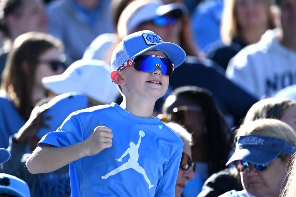 Nov 4, 2023; Chapel Hill, North Carolina, USA; North Carolina Tar Heels fan reacts in the first quarter at Kenan Memorial Stadium.