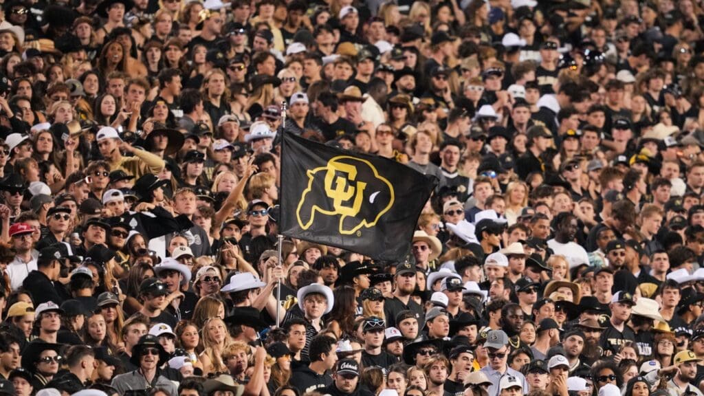 Sep 16, 2023; Boulder, Colorado, USA; Colorado Buffaloes fans celebrate a touchdown during the fourth quarter against the Colorado State Rams at Folsom Field