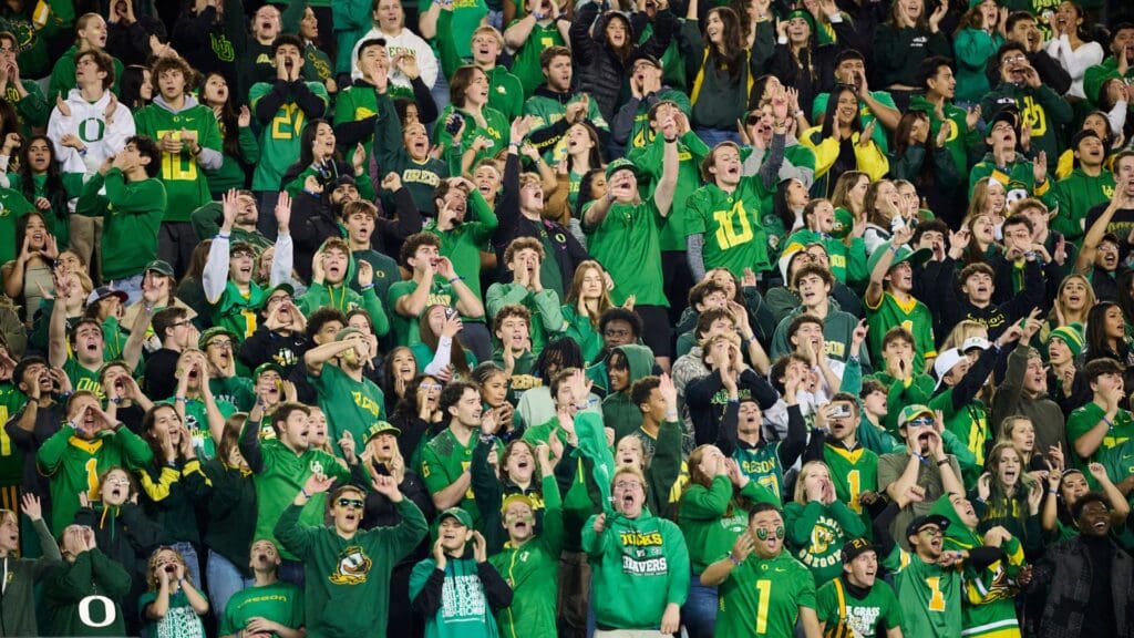 Nov 9, 2024; Eugene, Oregon, USA; Oregon Ducks fans sing during the second half in a game against the Maryland Terrapins at Autzen Stadium