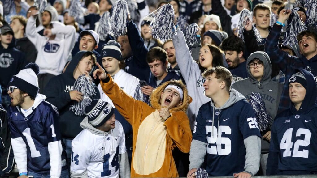 Nov 26, 2022; University Park, Pennsylvania, USA; Penn State fans cheer during the second quarter against the Michigan State Spartans at Beaver Stadium. Penn State defeated Michigan State 35-16