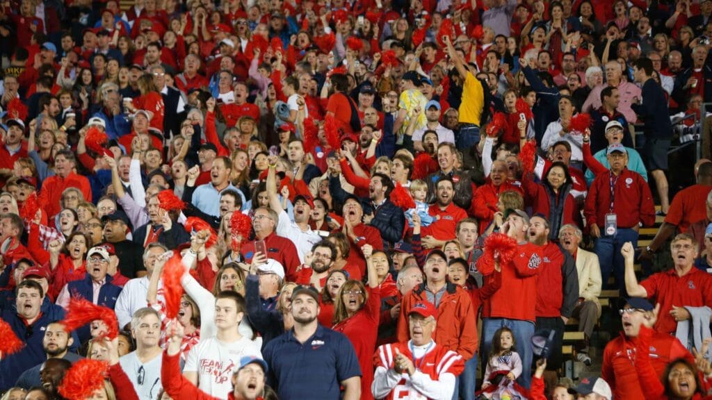 Sep 16, 2017; Berkeley, CA, USA; Mississippi Rebels fans cheer before the game between the Mississippi Rebels and the California Golden Bears at Memorial Stadium