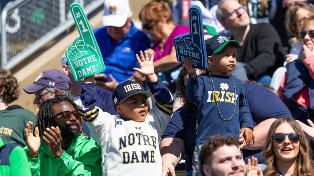 Apr 12, 2025; Notre Dame, IN, USA; Fans cheer during the Blue-Gold game at Notre Dame Stadium.