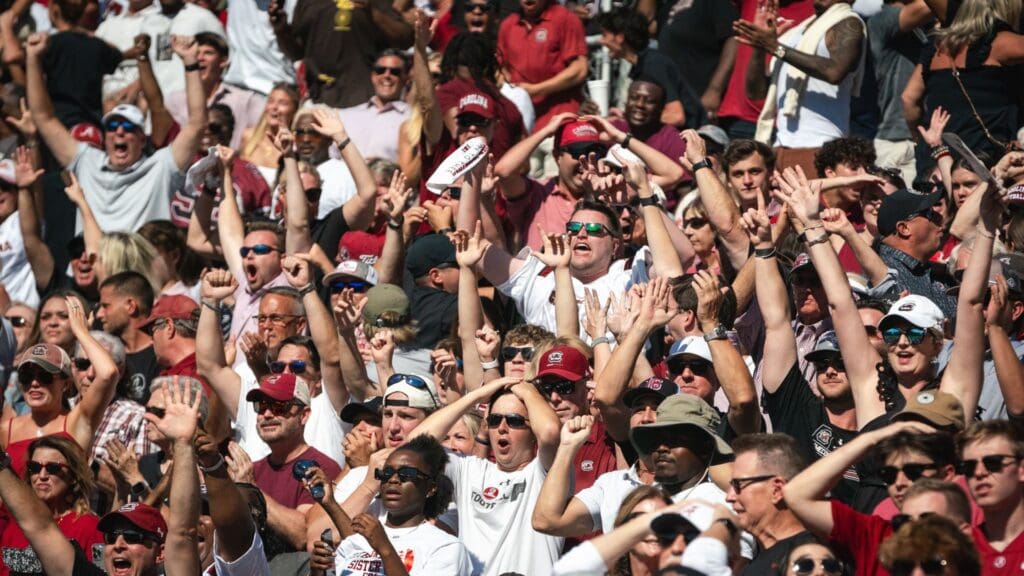 Oct 12, 2024; Tuscaloosa, Alabama, USA; South Carolina Gamecocks fans react to a play in the fourth quarter at Bryant-Denny Stadium.