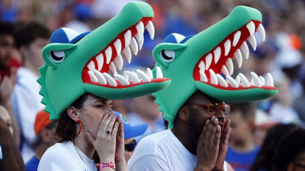 Nov 12, 2022; Gainesville, Florida, USA; Florida Gators fans cheer against the South Carolina Gamecocks during the first quarter at Ben Hill Griffin Stadium