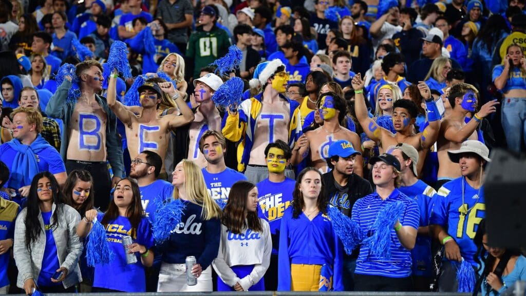 Nov 19, 2022; Pasadena, California, USA; UCLA Bruins student fan section cheers against the Southern California Trojans during the first half at the Rose Bowl.