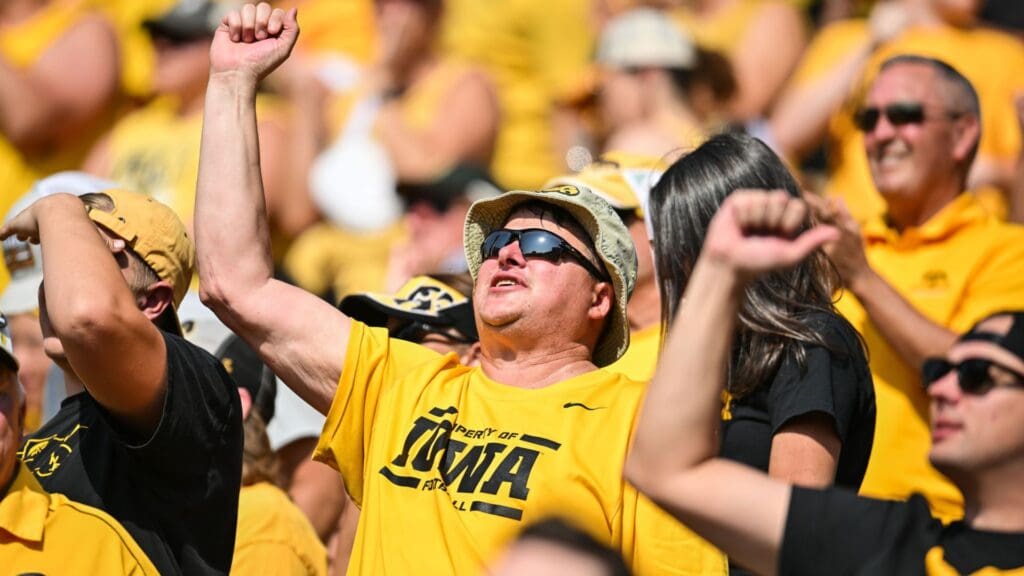 Oct 12, 2024; Iowa City, Iowa, USA; Iowa Hawkeyes fans react during the second quarter against the Washington Huskies at Kinnick Stadium