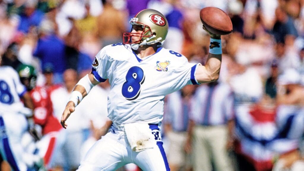 Feb 1, 1998; Honolulu, HI, USA; FILE PHOTO; NFC quarterback Steve Young (8) of the San Francisco 49ers attempts a pass against the AFC during 1998 Pro Bowl at Aloha Stadium