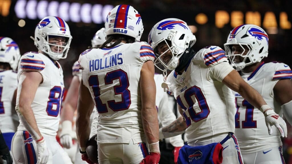 Jan 26, 2025; Kansas City, MO, USA; Buffalo Bills wide receiver Mack Hollins (13) reacts after scoring a touchdown against the Kansas City Chiefs during the first half in the AFC Championship game at GEHA Field at Arrowhead Stadium.