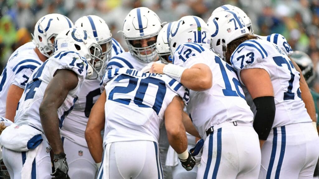 Sep 23, 2018; Philadelphia, PA, USA; Indianapolis Colts quarterback Andrew Luck (12) leads the team in the huddle against the Philadelphia Eagles at Lincoln Financial Field.