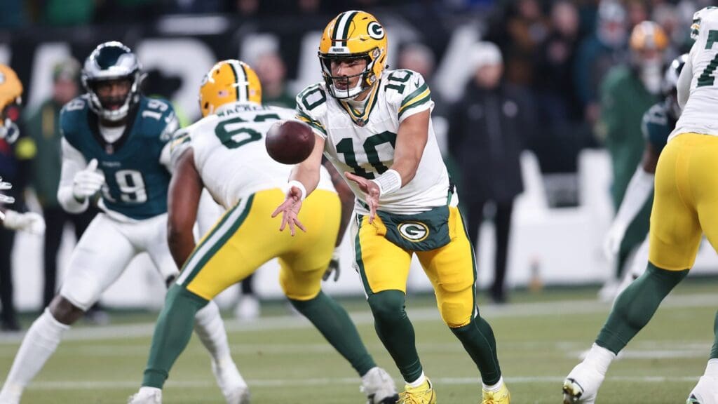 Jan 12, 2025; Philadelphia, Pennsylvania, USA; Green Bay Packers quarterback Jordan Love (10) in action against the Philadelphia Eagles in an NFC wild card game at Lincoln Financial Field