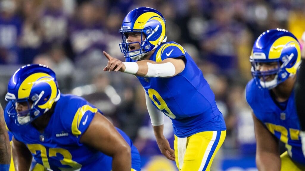 Jan 13, 2025; Glendale, AZ, USA; Los Angeles Rams quarterback Matthew Stafford (9) against the Minnesota Vikings during an NFC wild card game at State Farm Stadium.