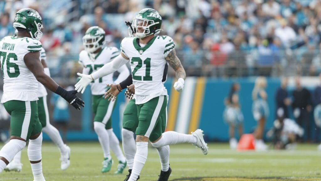 Dec 15, 2024; Jacksonville, Florida, USA; New York Jets safety Ashtyn Davis (21) reacts after a special play on fourth down against the Jacksonville Jaguars during the first quarter at EverBank Stadium
